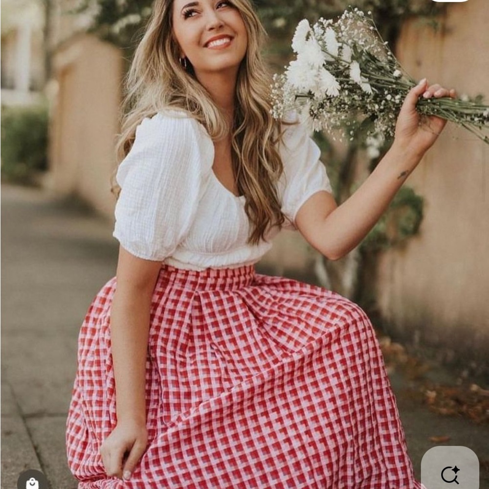 Anthropologie White & Red Gingham Midi Skirt
